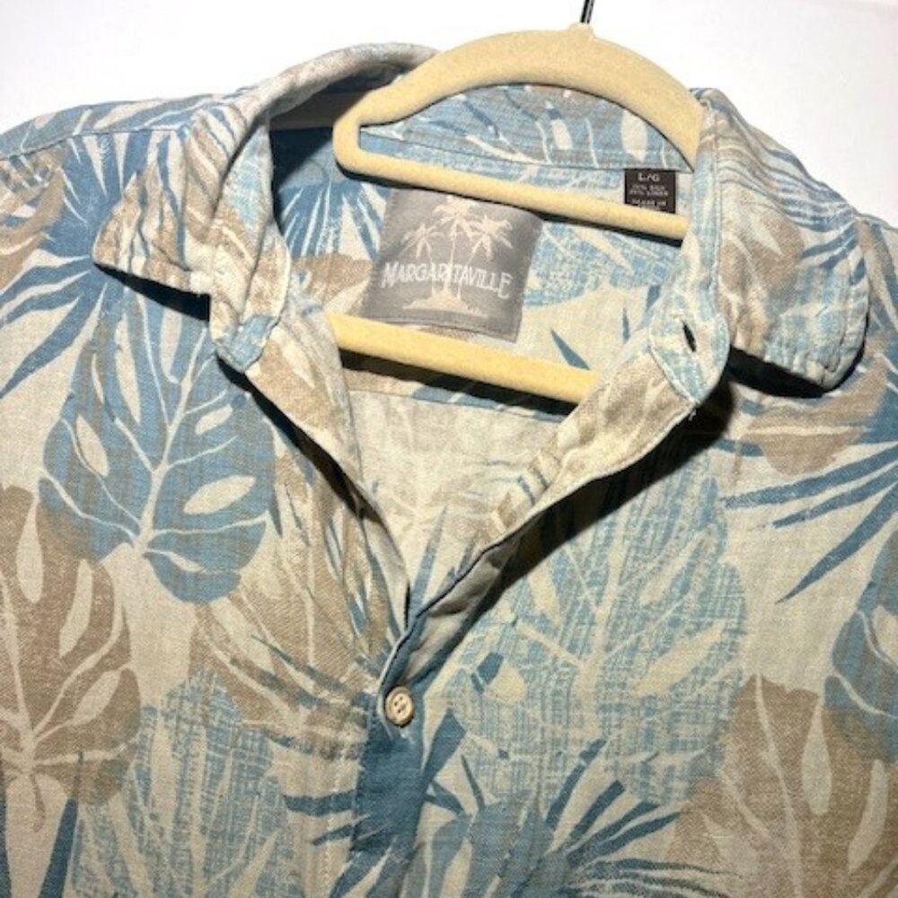 Margaritaville Linen Silk Blend Short Sleeve Button Soft Palm Leave‎ Shirt Sz L
